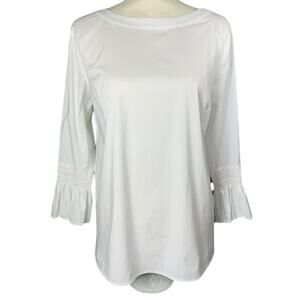 J Jill White Shirt Collection MED Top Ruffle 3/4 Sleeve Cotton Stretch Blouse